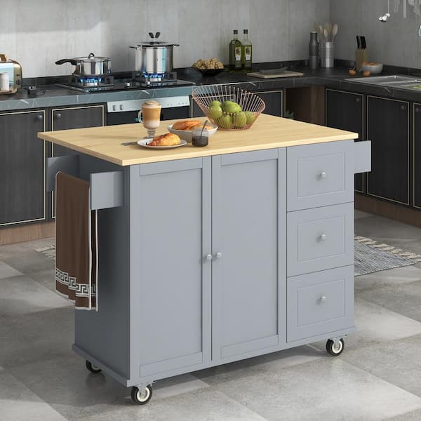 FAMYYT Gray Blue Drop Leaf Rubberwood Countertop 53 in. Kitchen Island with Adjustable Shelves