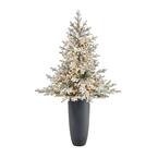 5 ft. Flocked Fraser Fir Artificial Christmas Tree with 300 Warm White Lights and 967 Bendable Branches in Gray Planter