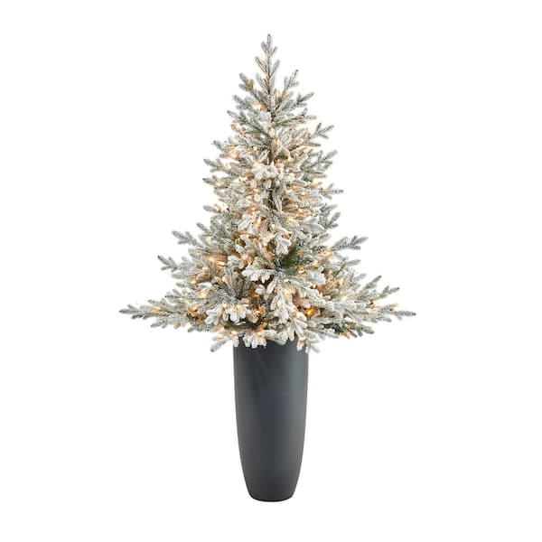 Nearly Natural 5 ft. Flocked Fraser Fir Artificial Christmas Tree with 300 Warm White Lights and 967 Bendable Branches in Gray Planter