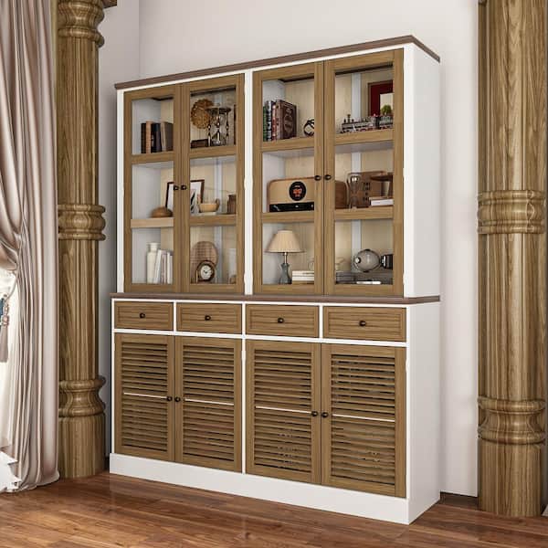 FUFU&GAGA 78.7 in. Tall Brown Wood 10-Shelf Accent Bookcase Bookshelf With Louvered and Glass Doors, Drawers, Adjustable Shelves