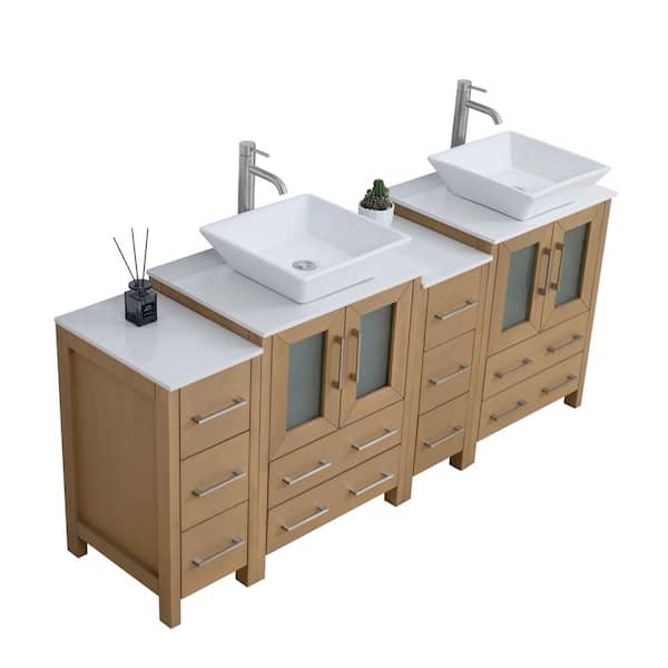 Vanity Art 72 in. W Double Basin Natural Oak Bath Vanity with White Engineered Marble Top and Mirror