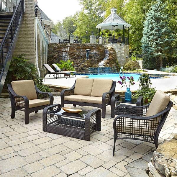 Home Styles Lanai Breeze Deep Brown Woven 2-Piece Love Seat Patio Accent Chairs, End Table and Coffee Table