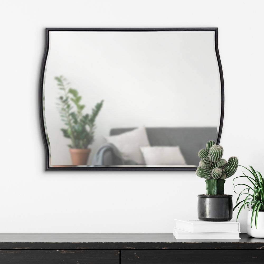 Black Curved Rectangular Wood Vanity Mirror