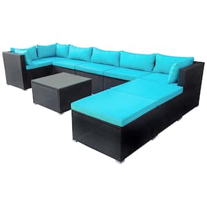 Black 9-Piece Wicker Metal Outdoor Sectional with Blue Cushions