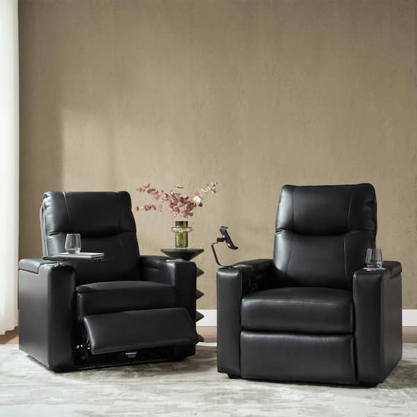 Hermi Black Transitional Genuine Leather Storage Recliner with USB Set of 2