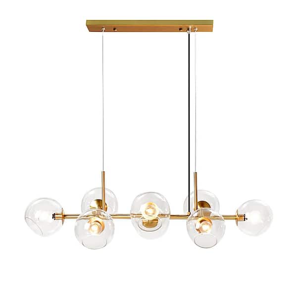 HUOKU REVERSO 8-Light Metal Brass Branch Linear Bubble Modern Chandelier with Globle Clear Glass Shade for Dining Room Kitchen