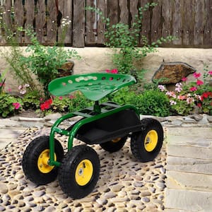 33 in. Dia Green Iron Garden Cart with Heavy-Duty Tool Tray