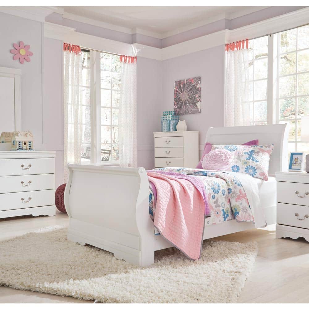 White Wood Twin Sleigh Bed with Intricate Carvings