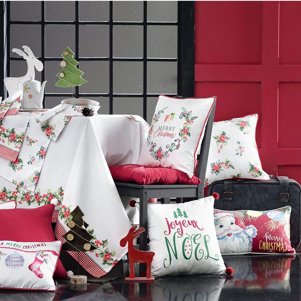 Christmas Floral White and Red Polyester Throw Pillow