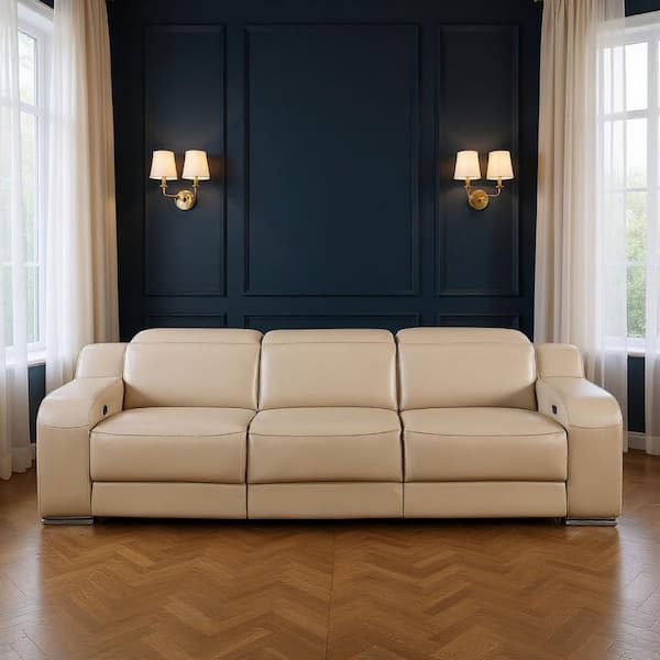 103.00 in. Straight Arm Leather Curved Sofa Beige