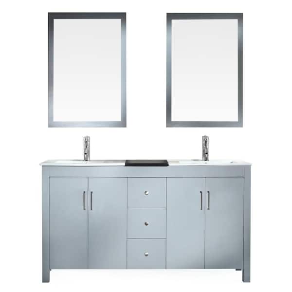Ariel Hanson 60 in. W x 22 in. D x 36 in. H Bath Vanity in Grey with Granite Vanity Top in Blacks and Mirrors