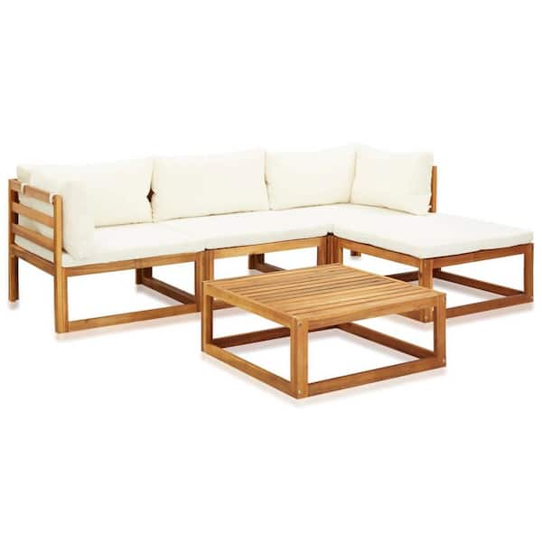 Tunearary Brown 5-Pieces Patio Furniture Set Wood Outdoor Sectional Sofa Seat with Beige Cushion