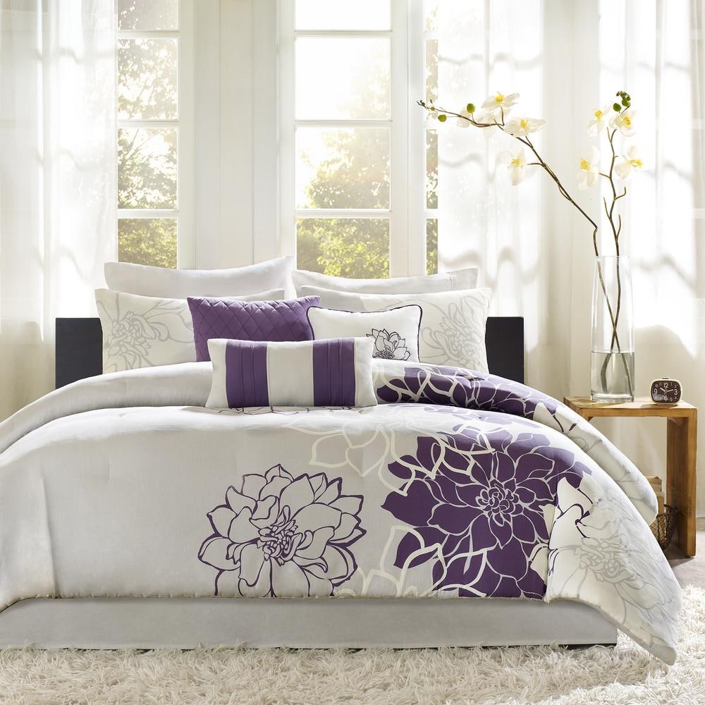 Twin Gray and Purple Floral Cotton Comforter Set