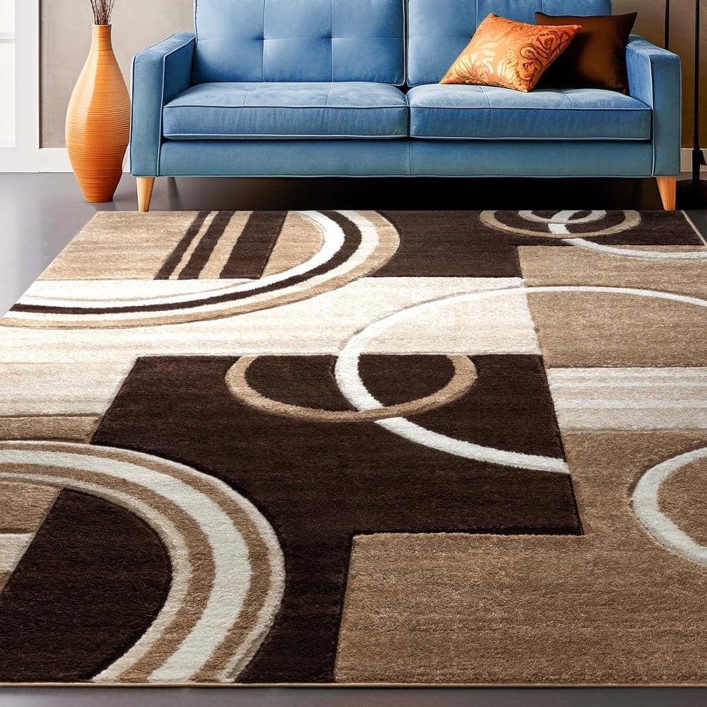 Ivory and Brown Geometric Synthetic Area Rug 3'11" x 5'3"