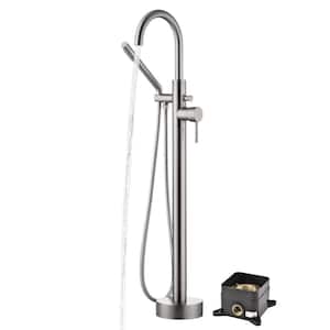 Modern Single Handle Freestanding Tub Faucet with Hand Shower in Brushed Nickel