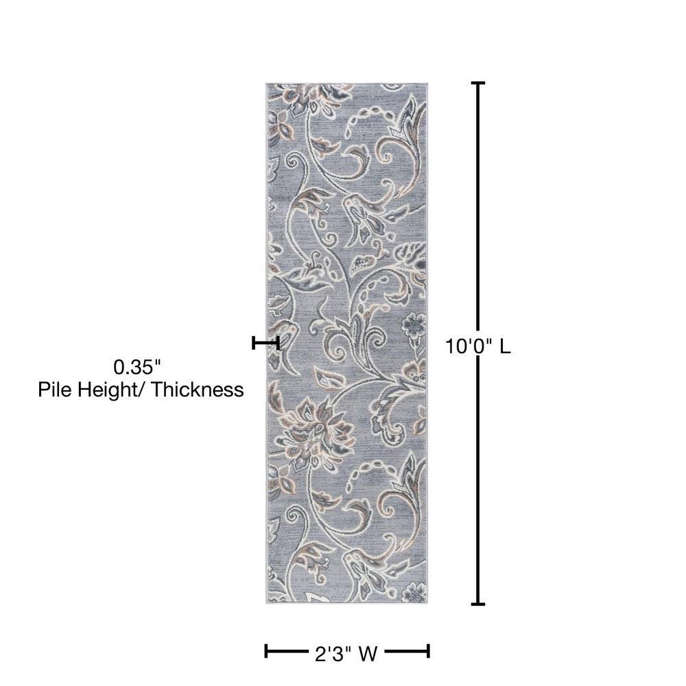 Gray Floral Reversible Synthetic Runner Rug, 2' x 10'