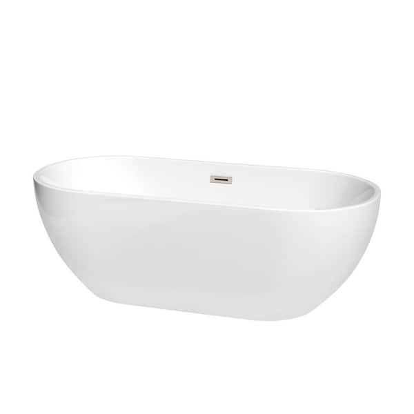 Wyndham Collection Brooklyn 67 in. Acrylic Flatbottom Bathtub in White with Brushed Nickel Trim