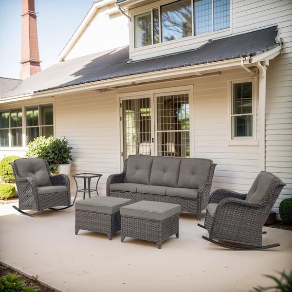 Opohoro ArcoBay 6-Piece Brown Wicker Outdoor Rocking Swivel Chairs Patio Conversation Set with Gray Cushions and 3-Seat Sofa