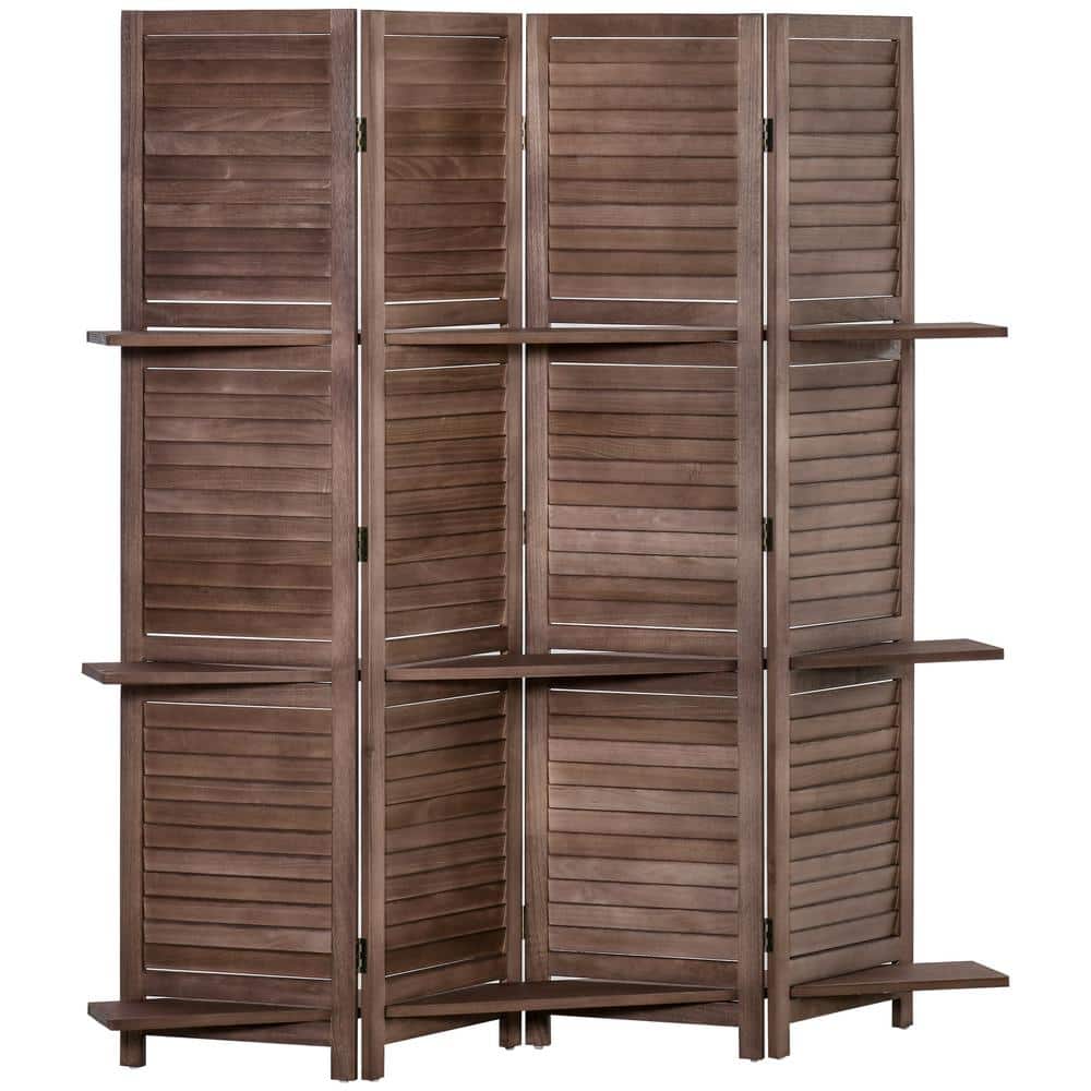 Dark Wood 4-Panel Folding Room Divider with Shelves