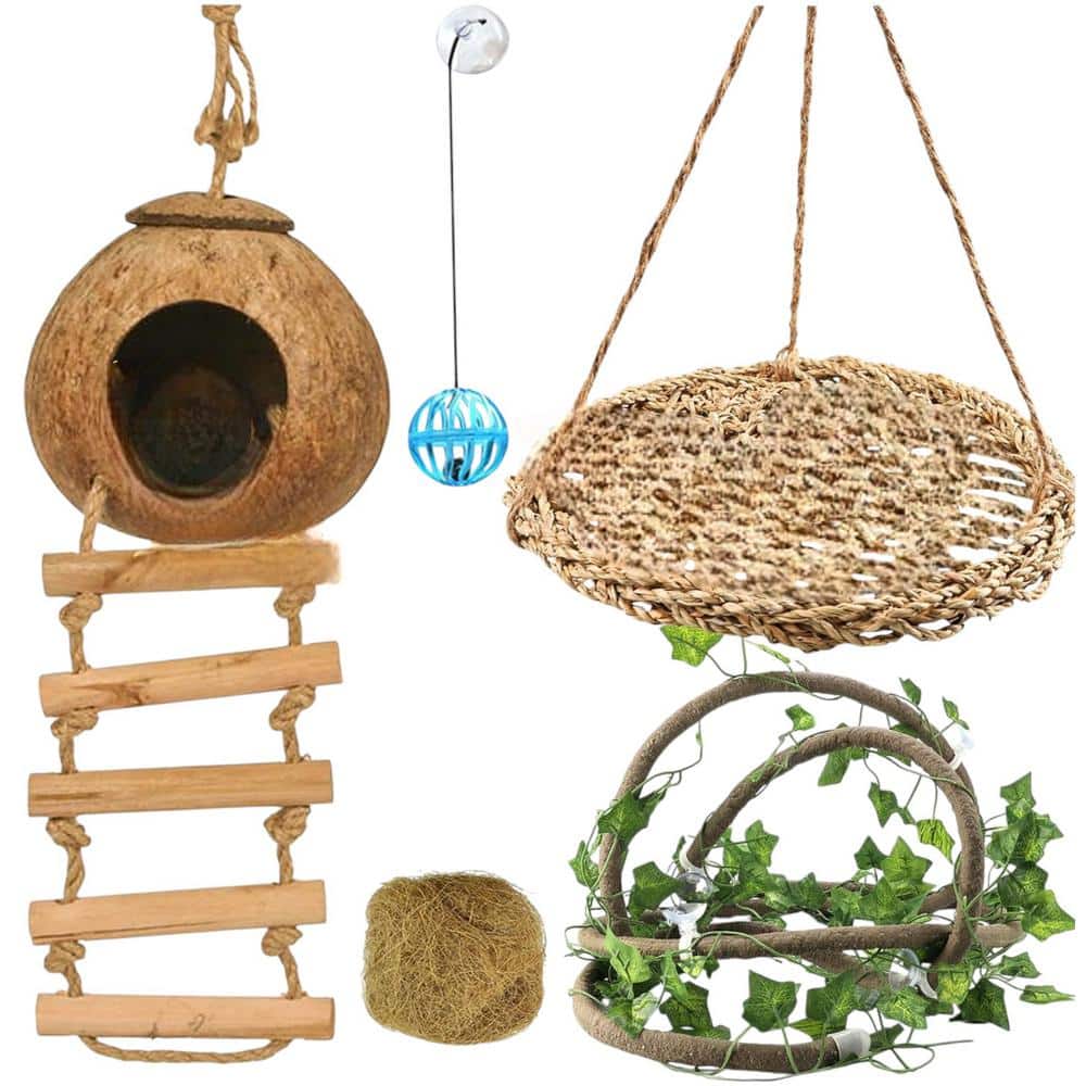 Misopily 15 in. Type 2 Reptile Vines and Plants Coconut Hut Shell with Ladder Hideout Cave Habitat Decor