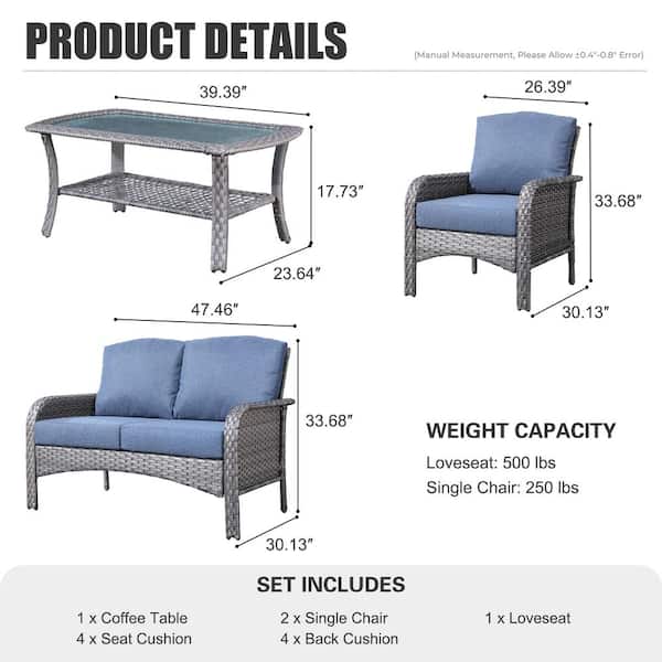 Toject - Denali Gray 4-Piece 4-Seat Wicker Modern Outdoor Patio Conversation Sofa Seating Set with Denim Blue Cushions