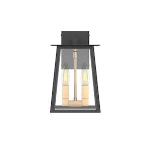 Timberland 12 in. 2-Light Matte Black/Gold Hardwired Outdoor Wall Lantern Sconce