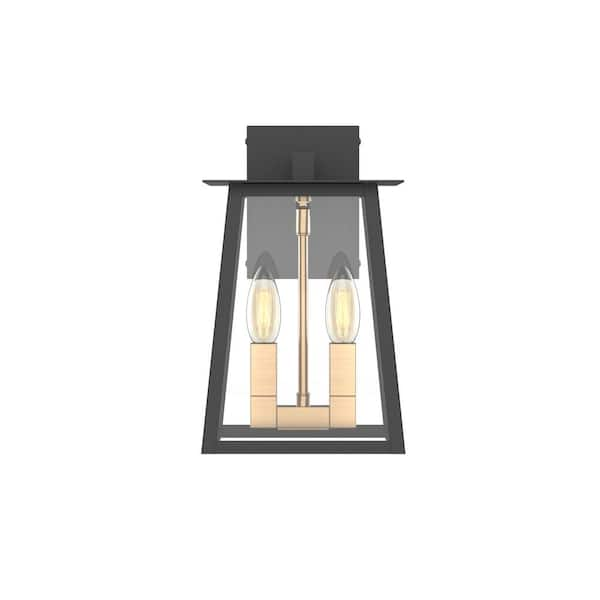 FOCUS WORLDWIDE Timberland 12 in. 2-Light Matte Black/Gold Hardwired Outdoor Wall Lantern Sconce