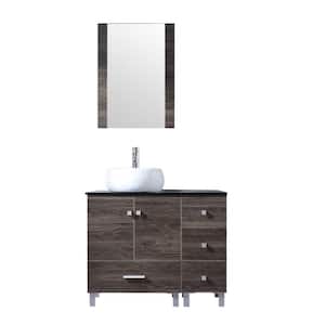 Wonline 36.4 in. W x 21.7 in. D x 60 in. H Ceramic Single Sink Bath Vanity in Brown with Black Top and Mirror
