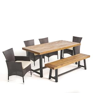 Boden Sandblast Teak Wood 6-Piece Wood and Multi-Brown Faux Rattan Outdoor Dining Set with Beige Cushions