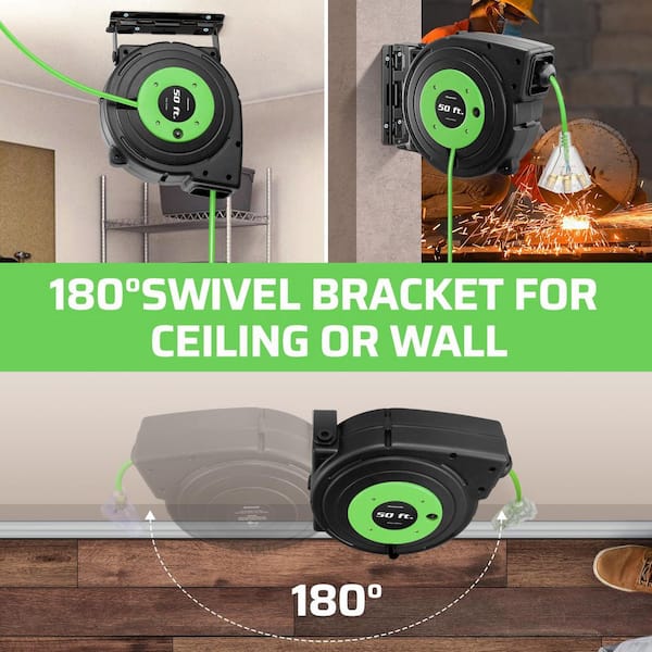 50 ft. 14/3 SJTOW 13 Amp Retractable Extension Cord Reel with Lighted Triple Tap Grounded Outlets, Green