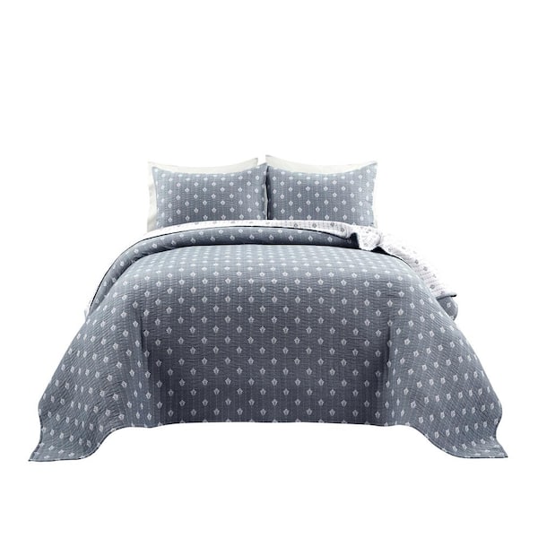Hygge Kantha Pick Stitch 3-Piece Yarn Dyed Cotton Jacquard Quilt/Coverlet Navy/Off White Full/Queen Set