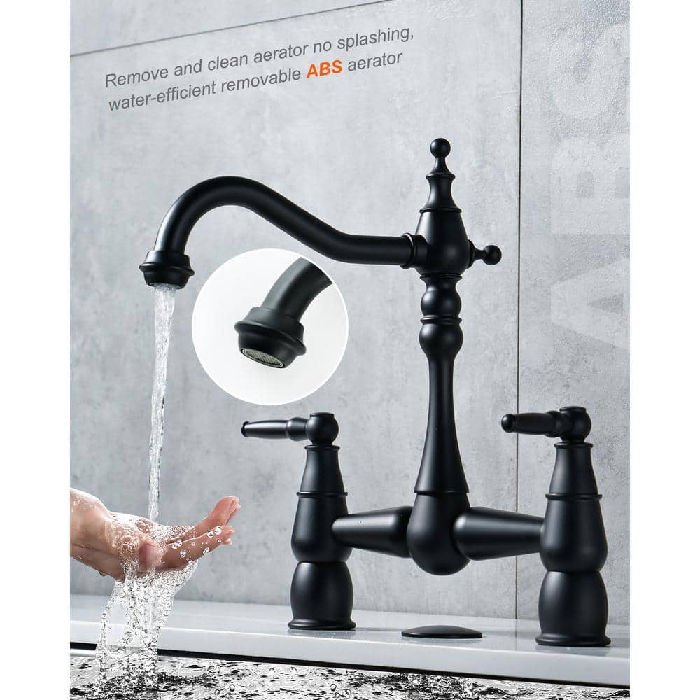 Matte Black Double Handle Bridge Kitchen Faucet with Swivel Spout