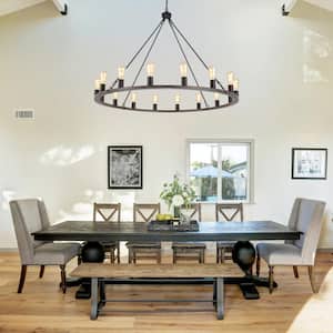 16-Light Black and Wood Grain Wagon Wheel Rustic Dimmable Linear Chandelier with No Bulbs Included