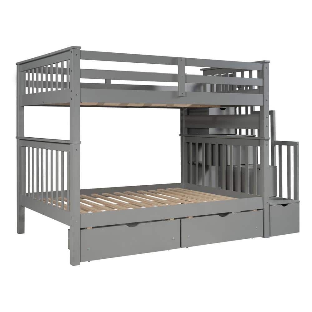 Qualler Gray Full Over Full Bunk Bed with Shelves and 6 Storage Drawers ...