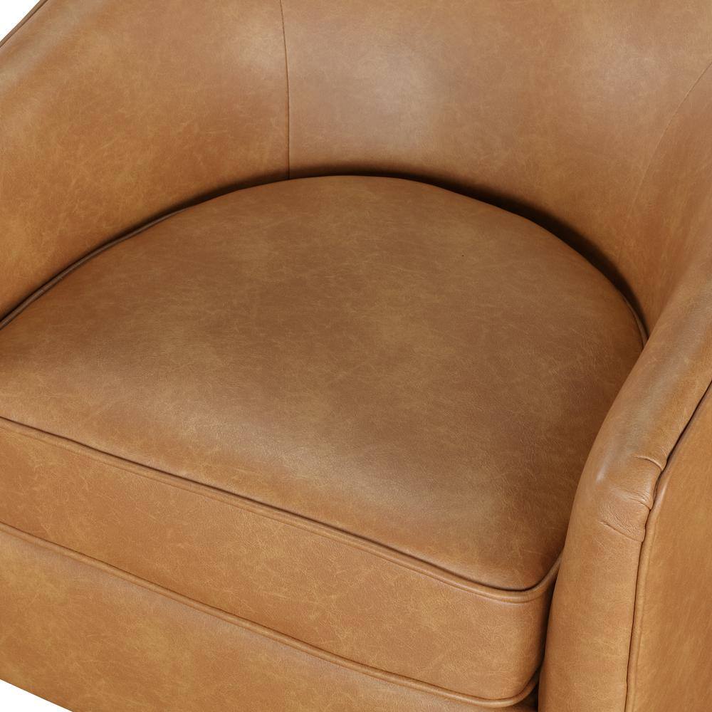 Saddle Brown Faux Leather Wood Swivel Barrel Chair