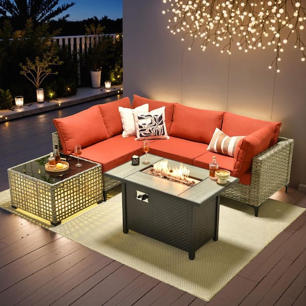 Coralia Gray 6-Piece Wicker Outdoor Sectional Set with Fire Pit, Orange Red Cushion and Lighted Coffee Table for Patio