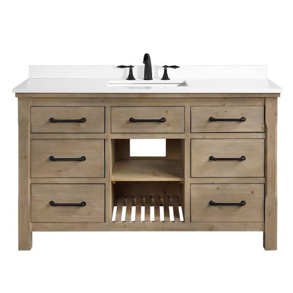 Ari Kitchen and Bath Lauren 55 in. x 22 in. D x 34.5 in. H Bath Vanity in Weathered Fir with White Engineered Stone Top with White Basin