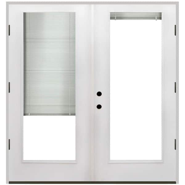 Steves & Sons 60 in. x 80 in. Reliant Series White Primed Fiberglass Prehung Left-Hand Outswing Mini Blind Patio Door