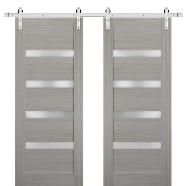 Sartodoors 18 in. x 80 in. 2 Panel Frosted Glass Gray Ash Solid Wood Sliding Barn Door with Hardware Kit