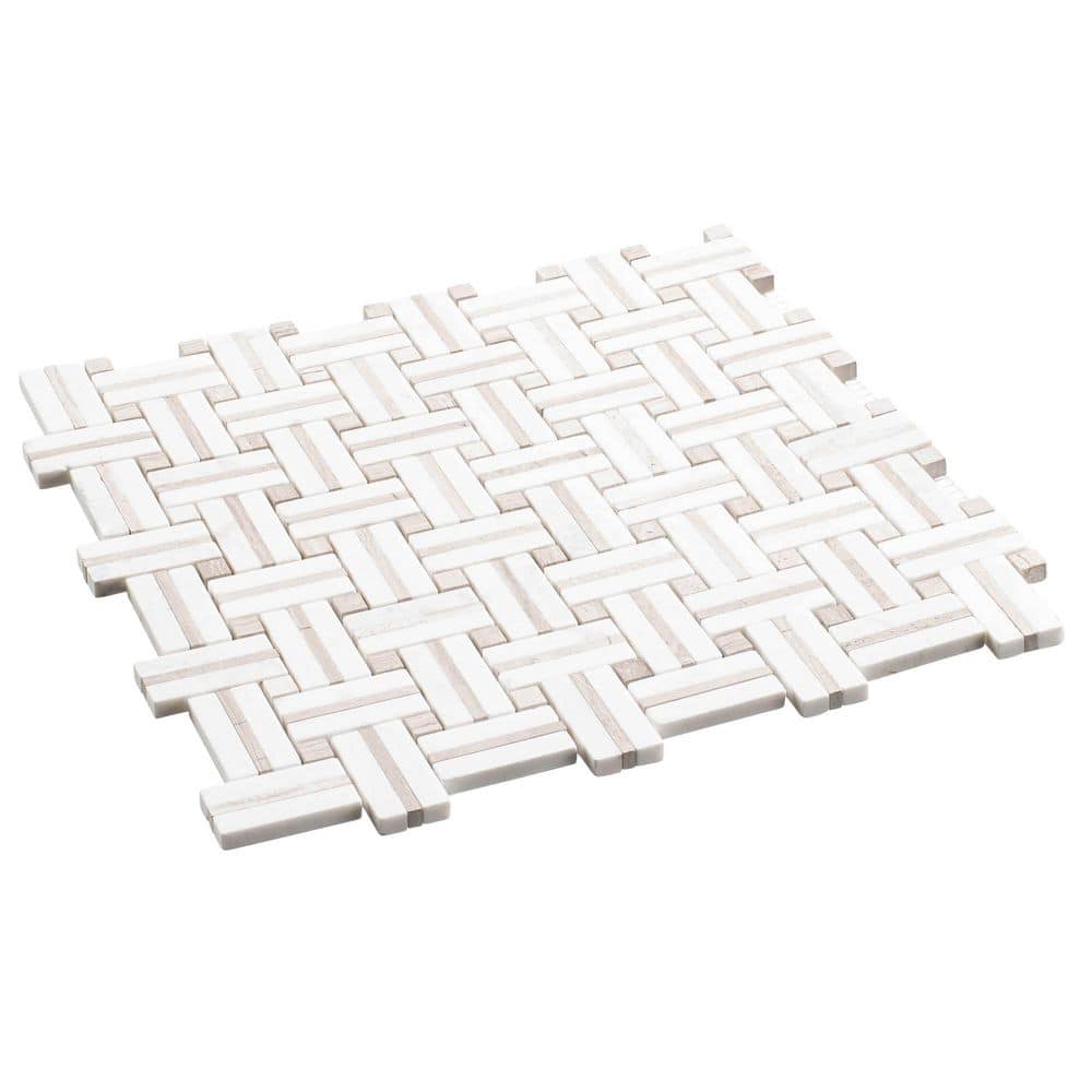 Fabrique 1" x 2" White and Gray Natural Stone Basketweave Mosaic Tile