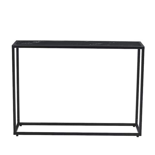 URTR Modern 11 in. Black Rectangle Wood Top Sofa Side Table with Metal Legs and Marble Aboards Panel, Minilalist Porch Table