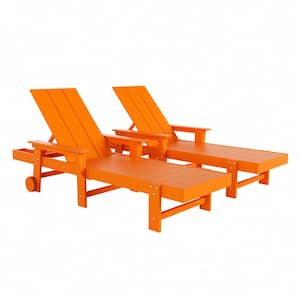 Shoreside 2-Piece Orange Fade Proof Plastic Portable Poly Reclining Outdoor Patio Chaise Lounge Arm Chairs with Wheels