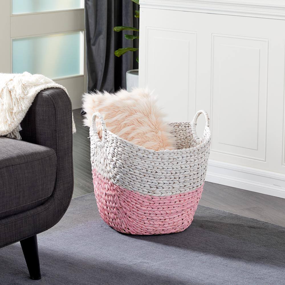 Round Seagrass 21'' Storage Basket with White and Pink Accents