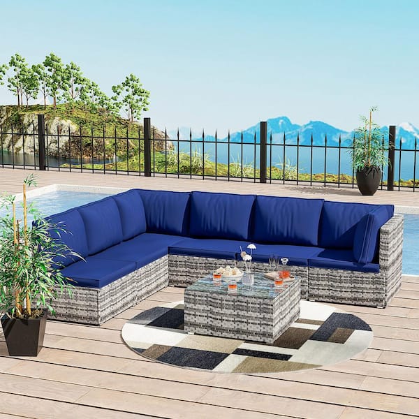 Cesicia 7-Piece Wicker Outdoor Sectional Set with Blue Cushions and Coffee Table