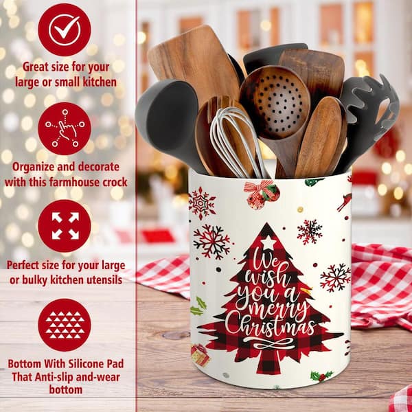 Ceramic Santa Utensil Holder - Holiday Kitchen Countertop Decor, 6.3"H Red & White