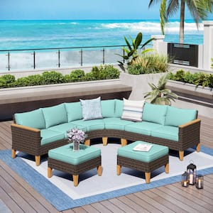 PHI VILLA 8-Piece Rattan Wicker 8 Seat Steel Patio Outdoor Sectional Set with Blue Cushions