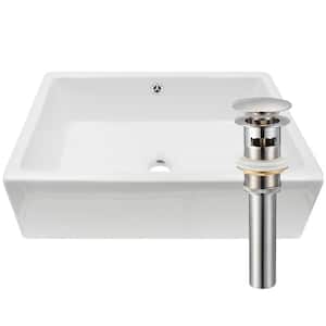 Rectangular Porcelain Vessel Sink in White with Overflow Drain in Brushed Nickel