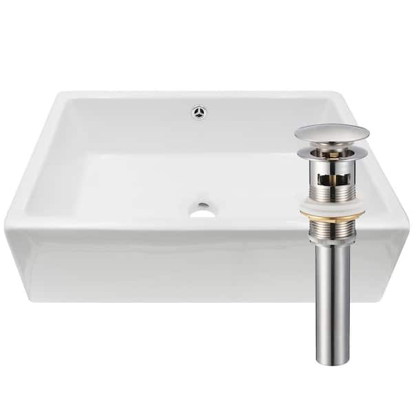 Novatto Rectangular Porcelain Vessel Sink in White with Overflow Drain in Brushed Nickel