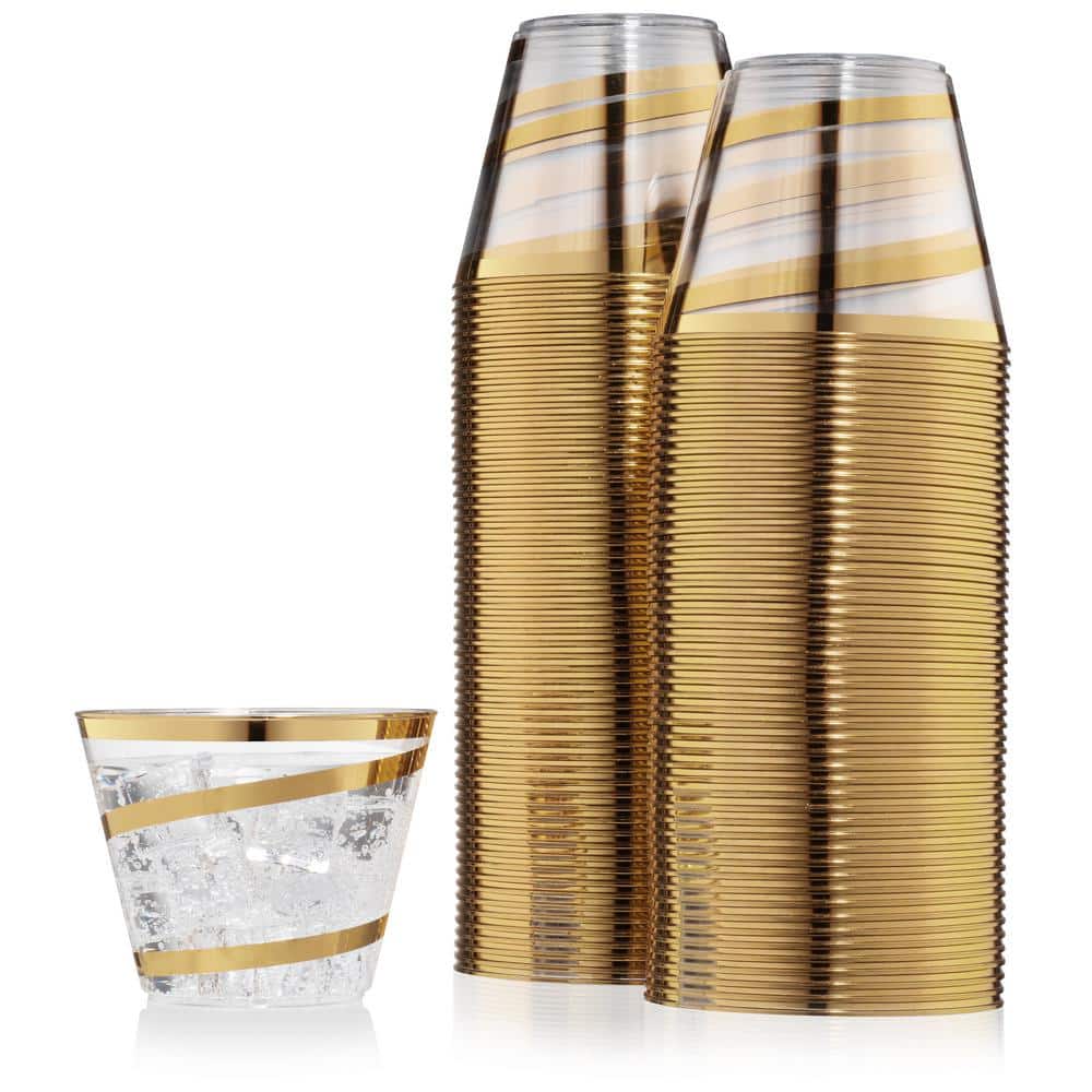 Elegant Gold Swirl Clear Disposable Plastic Tumblers, 9 oz, Set of 110
