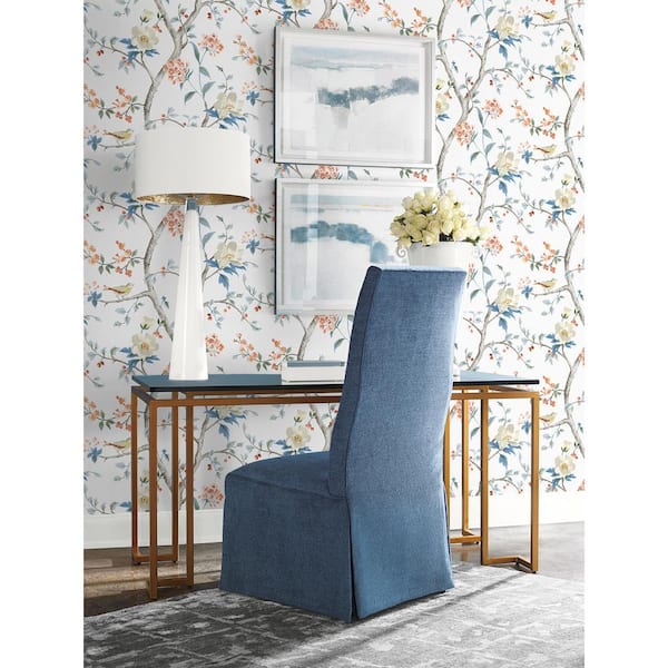 60.75 sq. ft. Coastal Haven Melon and Carolina Blue Sparrow Embossed Vinyl Unpasted Wallpaper Roll